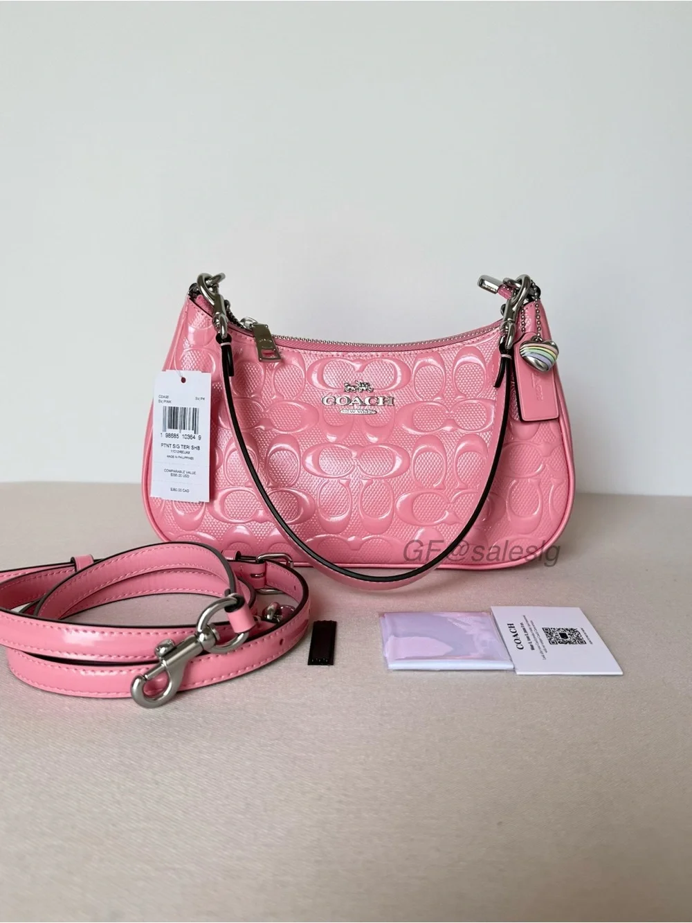 NWT Coach Teri Shoulder&Crossbody Bag Pink Patent Leather  Heart Charm CDA98